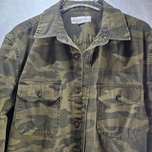 Aeropostale Camouflage Jacket Button Up Unisex Medium Green Long Sleeve Cotton - Picture 3 of 10